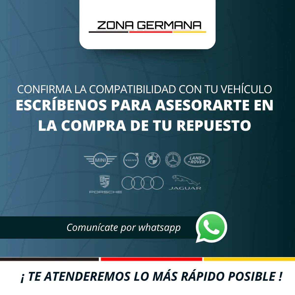 Auto parts compatibility confirmation message with logos for BMW, Audi, Mini, Mercedes, Porsche, Jaguar, Land Rover, Volvo, and WhatsApp contact option.