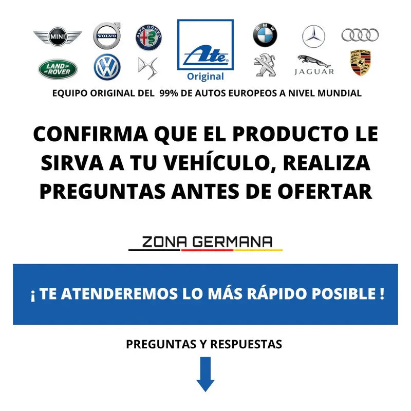 Aviso de Zona Germana con logos de autos europeos y mensaje de consulta antes de comprar repuestos