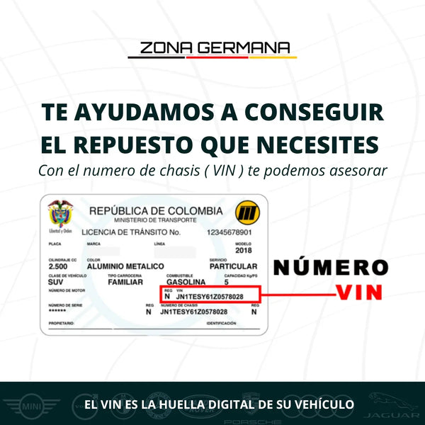 Colombian vehicle registration card highlighting VIN number for auto parts identification