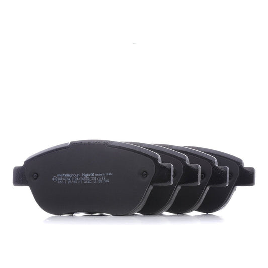 Set of four black automotive brake pads for car repair, displayed on a white background
